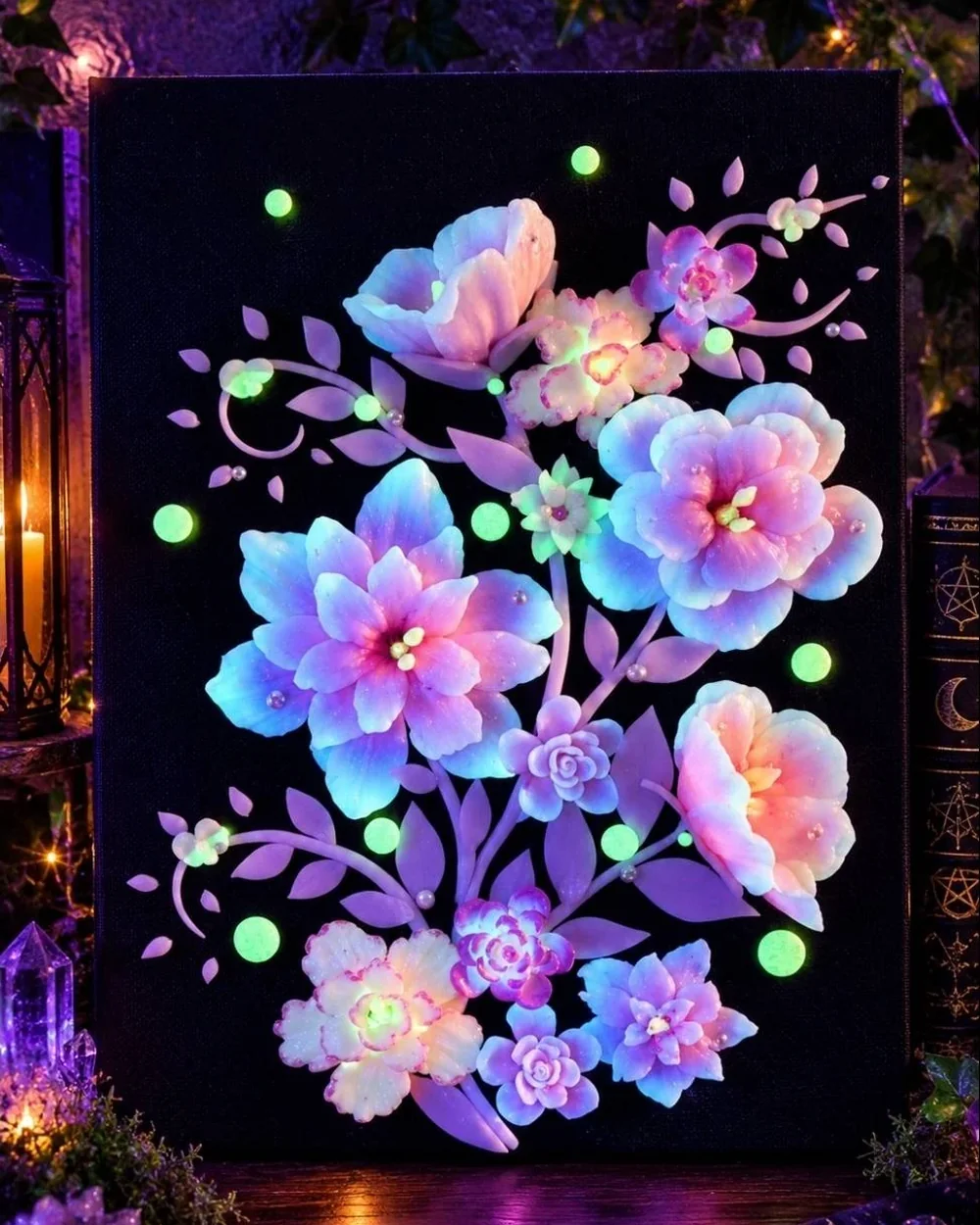 Midnight Sakura floral wall art glowing in dark mode